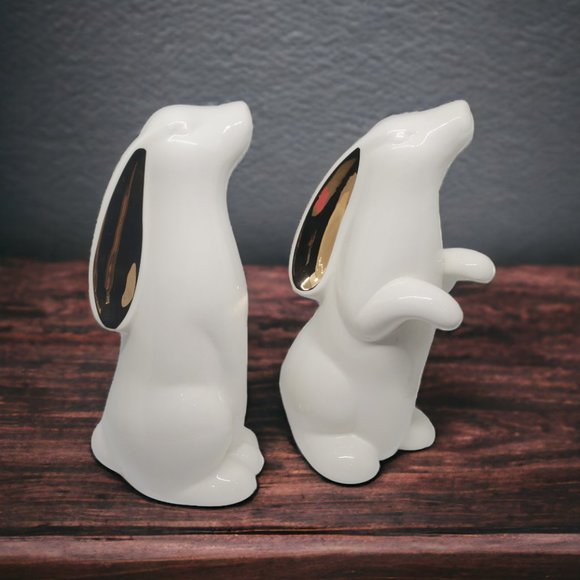 Alabaster White Ceramic Bunnies with Gold Accent Ears - Set of 2 - Picture 1 of 12